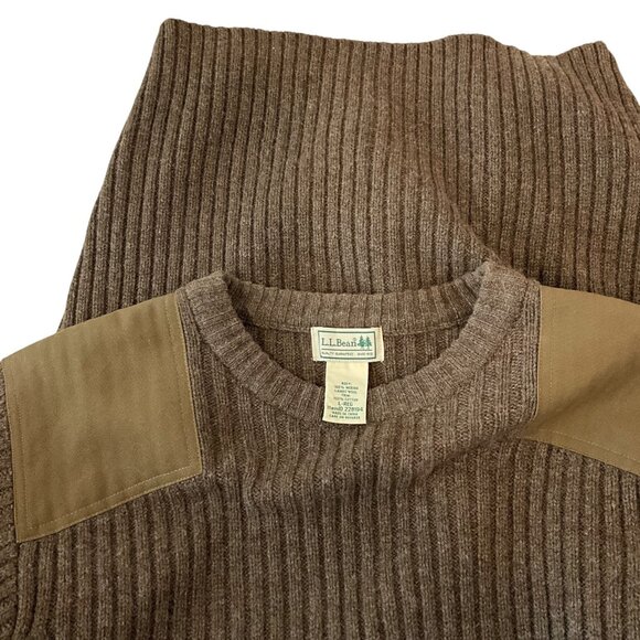L.L.Bean Commando Sweater Mens Large Brown Wool Merino Rib Shoulder Elbow Patch - Picture 6 of 13
